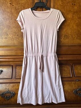 Light Pink T-Shirt Dress Size Small Casual Drawstring Waist Pocket Dress